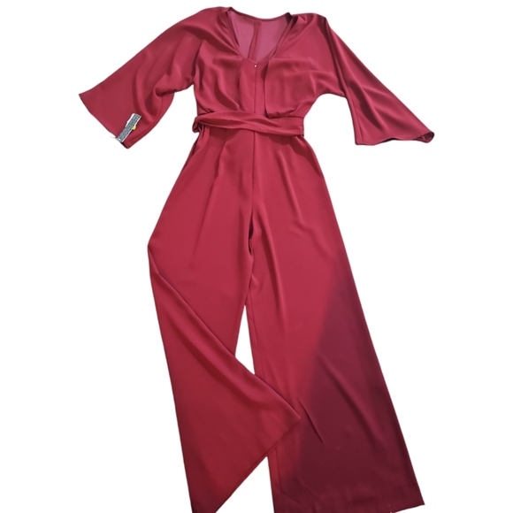 Gianni Bini Loose 3/4 Sleeve Belted Wide Leg Pant Busines Holiday Red Jumpsuit - Picture 5 of 11